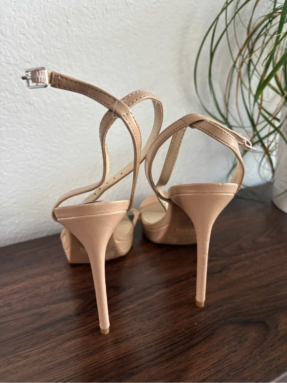 Nine West Nude Beige Ankle-Strap Square-Toe Heels